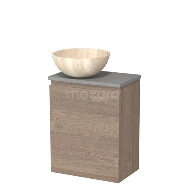 Houten badkamermeubel met wastafel in licht hout en grijsbladdesign, ideaal voor een moderne badkamerstijl.
