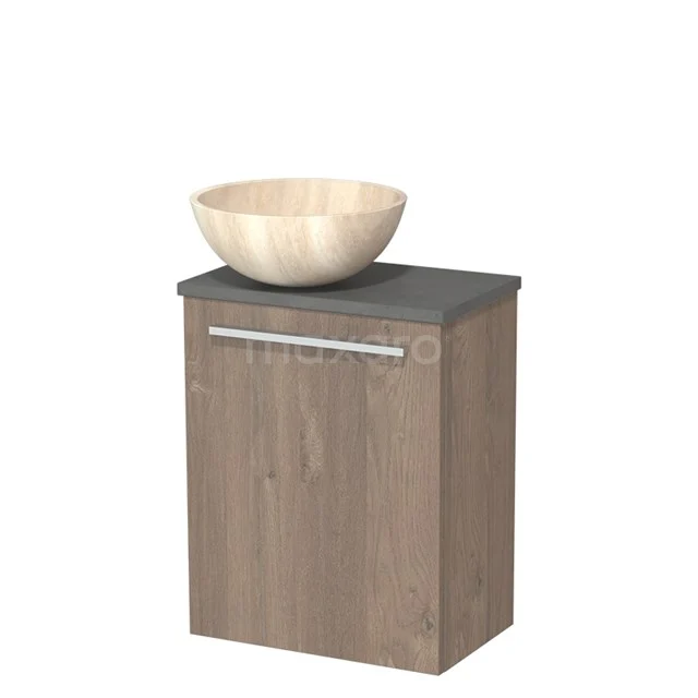 Houten badkamermeubel met matgrijs blad en ronde houten waskom, compact design ideaal voor moderne badkamers.