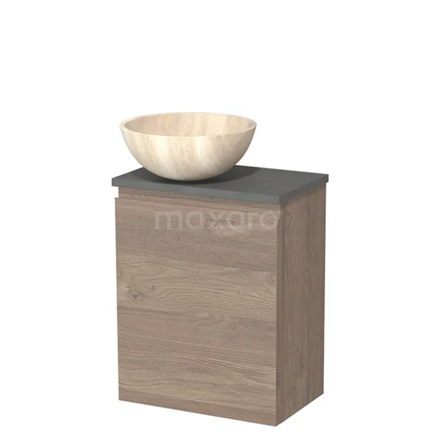 Houten badkamermeubel met matgrijs blad en ronde houten waskom, compact design ideaal voor moderne badkamers.