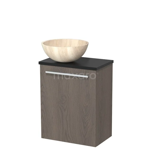 Toilet unit with wash basin | 41 cm Dark brown oak Flat front Travertine Natural stone countertop wash basin Matte black worktop TMK10-10900