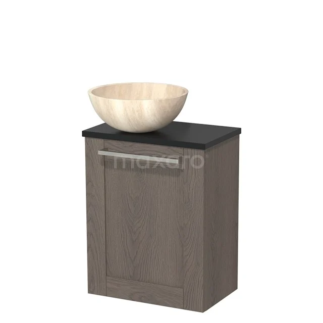 Holz Badschrank mit schwarzer Platte und beigem Holz Aufsatzwaschbecken, ideal für eine stilvolle Badezimmer Einrichtung.