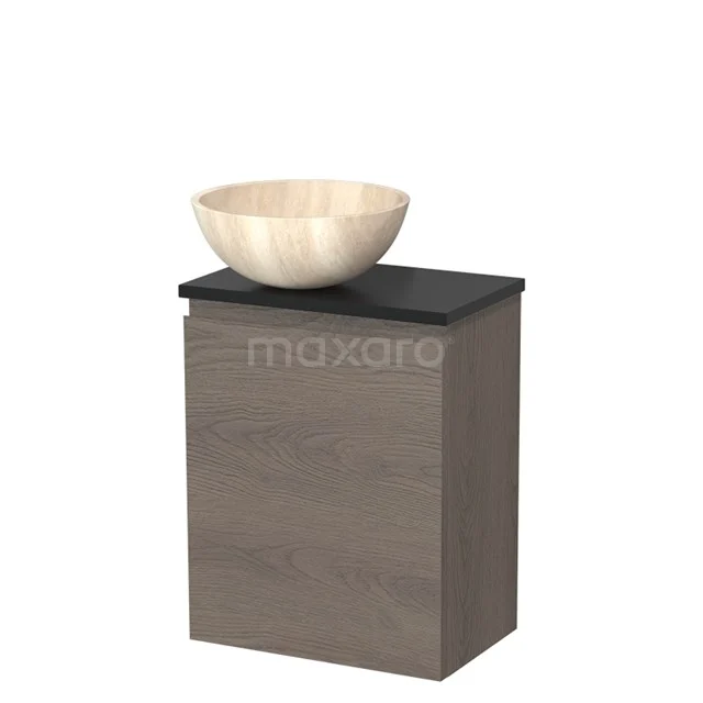 Holz-Badschrank mit Aufsatzwaschbecken aus Naturstein, kompaktes Design in Eichenoptik mit schwarzer Platte, ideal für moderne Bäder.