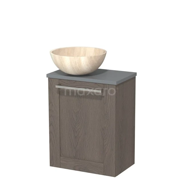 Toiletmeubel met waskom | 41 cm Donkerbruin eiken Kader front Travertin Natuursteen waskom Middengrijs blad TMK10-10905