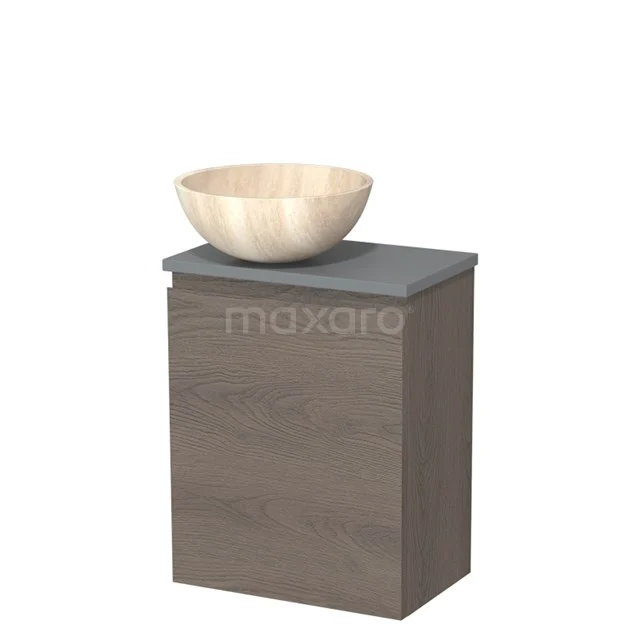 Wooden bathroom unit with natural stone basin, modern design in warm brown wood colour and grey top finish.