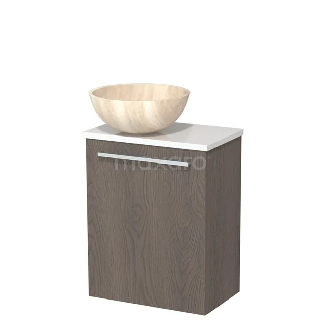 Toilet unit with countertop wash basin | 41 cm Dark brown oak Flat front Travertine Natural stone countertop wash basin High-gloss white worktop TMK10-10912