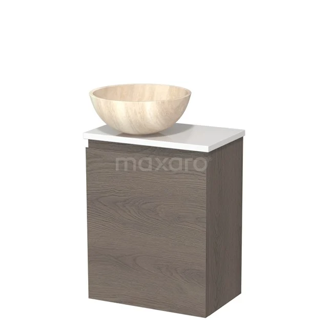 Toilet unit with countertop wash basin | 41 cm Dark brown oak Handleless front Travertine Natural stone countertop wash basin High-gloss white worktop TMK10-10914