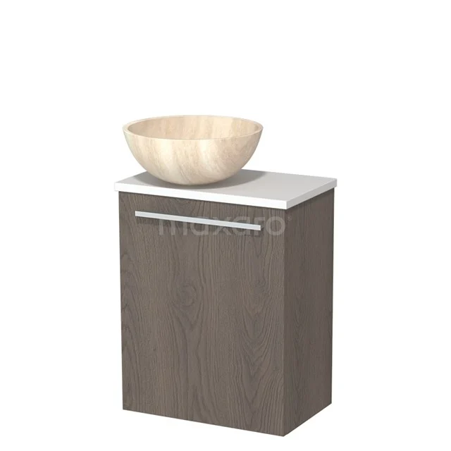 Toilet unit with wash basin | 41 cm Dark brown oak Flat front Travertine Natural stone countertop wash basin Matte white worktop TMK10-10920