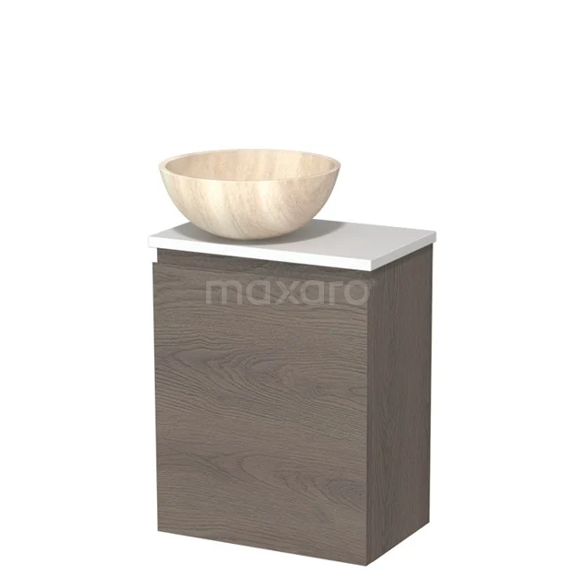 Toilet unit with countertop wash basin | 41 cm Dark brown oak Handleless front Travertine Natural stone countertop wash basin Matte white worktop TMK10-10922