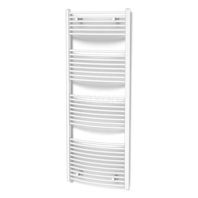 White designer steel towel radiator with curved tubes, perfect for a modern bathroom.