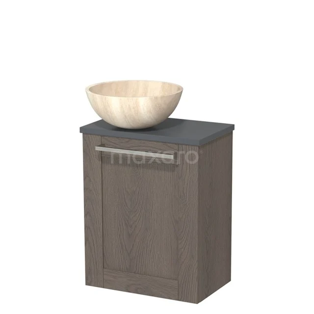 WC-Möbel mit Aufsatzwaschbecken | 41 cm Dunkelbraune Eiche Rahmenfront Travertin Naturstein Aufsatzwaschbecken Dunkelgraue Platte TMK10-10925 Holz Badschrank mit dunkler Waschtischplatte und beiger komförmiger Aufsatzwaschbecken, ideal für eine stilvolle Badezimmer Einrichtung.