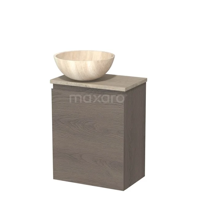 WC-Möbel mit Aufsatzwaschbecken | 41 cm Dunkelbraune Eiche Grifflose Front Travertin Naturstein Aufsatzwaschbecken Hellgraue Eiche TMK10-10939 Holz-Badschrank mit modernem Design, einschließlich eines beigen Natursteine-Aufsatzwaschbeckens, ideal für ein stilvolles Badezimmer.