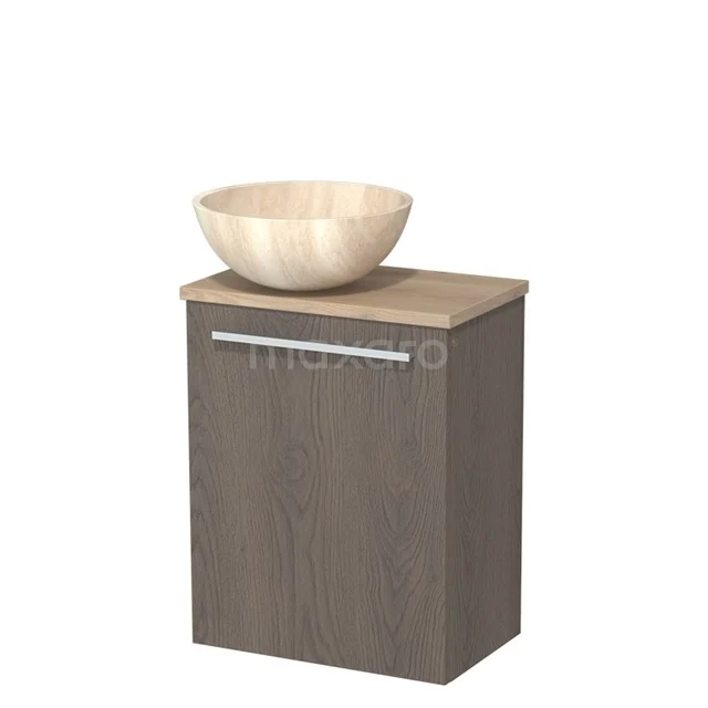 WC-Möbel mit Aufsatzwaschbecken | 41 cm dunkelbraune Eiche glatte Front Aufsatzwaschbecken aus Travertin Naturstein hellbraune Eiche TMK10-10940 Holz Badezimmermöbel mit grauem Schrank, naturholz Waschtischplatte und runder Aufsatzwaschbecken, ideal für eine moderne Badezimmerausstrahlung.