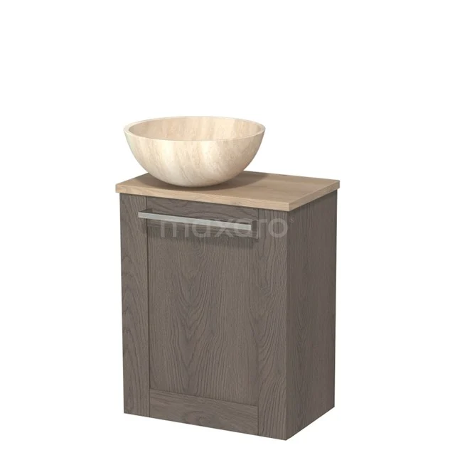 WC-Möbel mit Aufsatzwaschbecken | 41 cm Dunkelbraune Eiche Rahmenfront Travertin Naturstein Aufsatzwaschbecken Hellbraune Eiche Platte TMK10-10941 Holz-Badmöbel mit Natursteine Aufsatzwaschbecken, dunkler Eiche Schrank und metallischer Haltegriff, ideal für einen modernen Badezimmerstil.