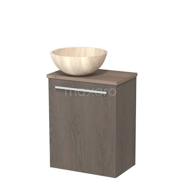 Toiletmeubel met waskom | 41 cm Donkerbruin eiken Vlak front Travertin Natuursteen waskom Middenbruin eiken blad TMK10-10944