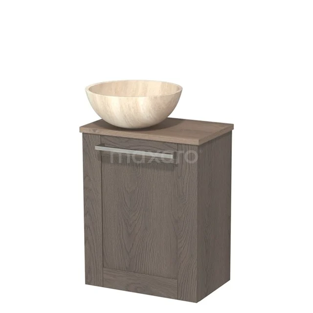 Holz Badschrank mit Waschbecken, dunkles Eichenholz, modernes Design, ideal für kompakte Badezimmer.