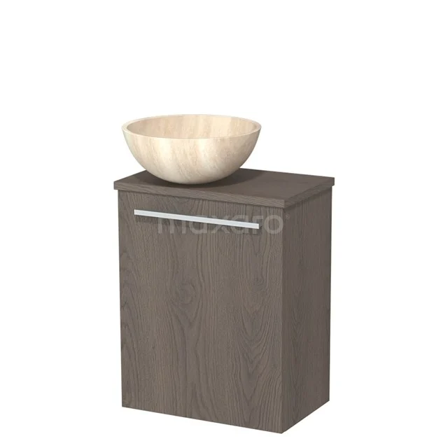 WC-Möbel mit Aufsatzwaschbecken | 41 cm Dunkelbraune Eiche Glatte Front Travertin Naturstein Aufsatzwaschbecken Dunkelbraune Eiche Platte TMK10-10948 Holz Badezimmermöbel mit dunkler Eiche Optik, weißem keramischen Aufsatzwaschbecken und metallischem Haltegriff, kompaktes und modernes Design.