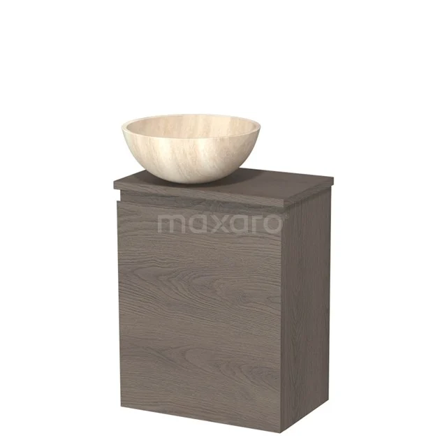 WC-Möbel mit Aufsatzwaschbecken | 41 cm Dunkelbraune Eiche Grifflose Front Travertin Naturstein Aufsatzwaschbecken Dunkelbraune Eiche Platte TMK10-10951 Hölzerner Badschrank in dunkler Holzfarbe mit modernem Design, ausgestattet mit einem beigen Aufsatzwaschbecken aus Keramik obenauf.