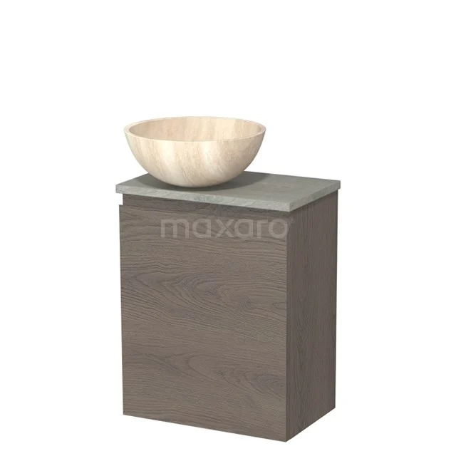 WC-Möbel mit Aufsatzwaschbecken | 41 cm Dunkelbraune Eiche Grifflose Front Travertin Naturstein Aufsatzwaschbecken Graue Eiche TMK10-10955 Holz-Badmöbel mit Waschbecken aus Naturstein, modernes Design, graue Steinoptik und kompaktes Format.
