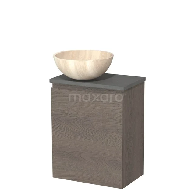 Toilet unit with countertop wash basin | 41 cm Dark brown oak Handleless front Travertine Natural stone countertop wash basin Dark grey concrete worktop TMK10-10967