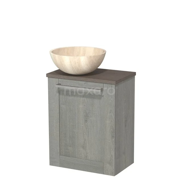 Bathroom cabinet in grey with wooden top and round beige natural stone countertop wash basin, ideal as compact vanity unit.