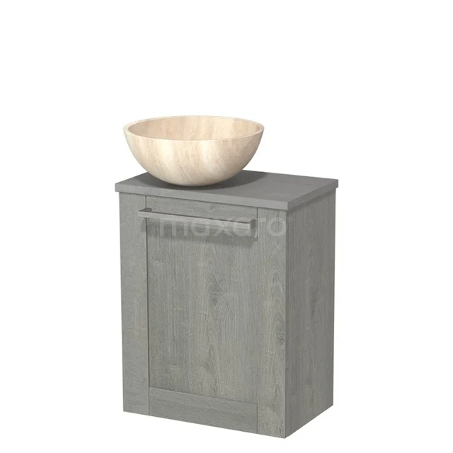 Grey bathroom cabinet with wooden countertop wash basin, compact design, perfect for modern bathrooms.