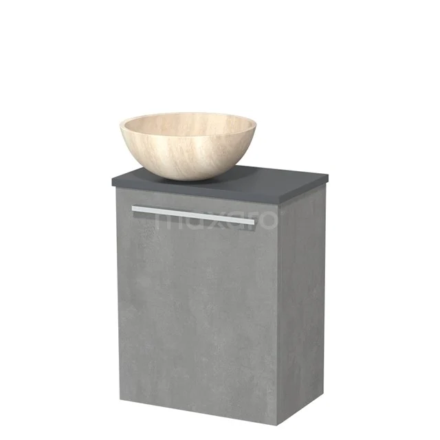 Grijze badkamermeubel met natuurstenen waskom, minimalistisch design en metalen handgreep, ideaal voor een moderne badkamer.
