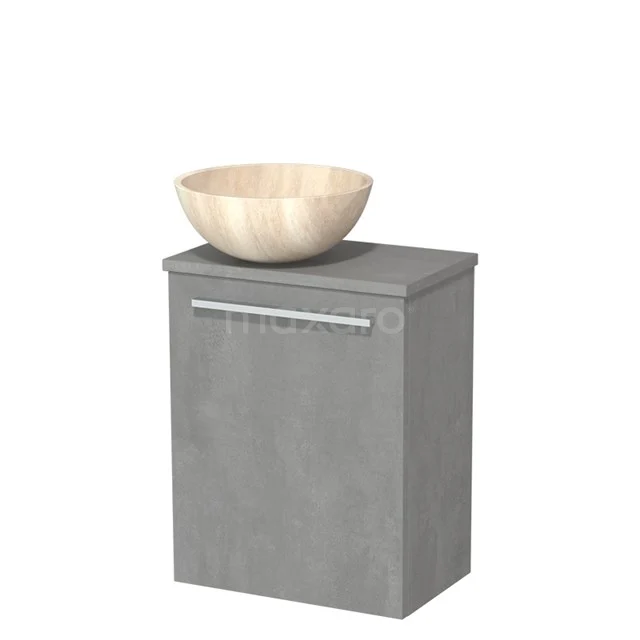 Grijze badkamermeubel met houten waskom, strak design en compact formaat, ideaal voor moderne badkamers.