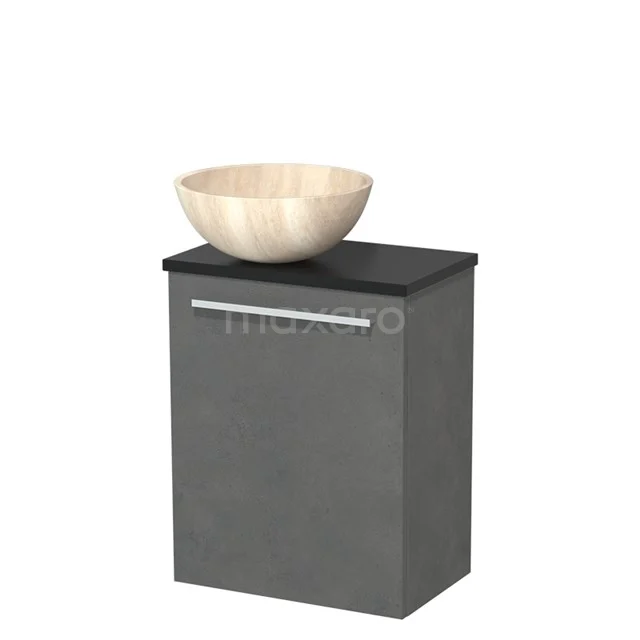 Grijze badkamerkast met zwart blad en houten waskom, modern design, ideaal voor compacte badkamers.