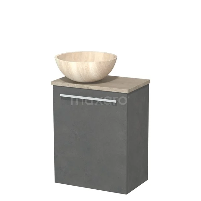 Grijs badkamermeubel met houten waskom, compact ontwerp, ideale oplossing voor kleine badkamers, modern en stijlvol.