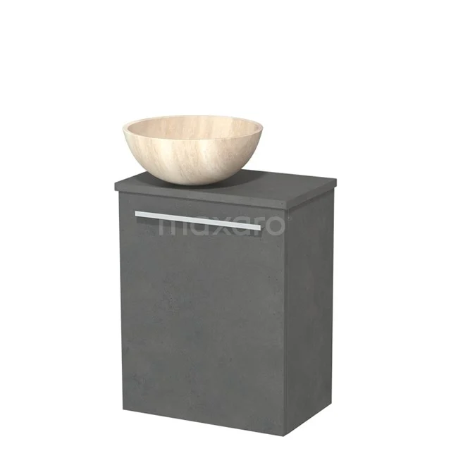 Grijze badkamerkast met handgreep, inclusief beige houten waskom; compact design voor moderne badkamerstijl.