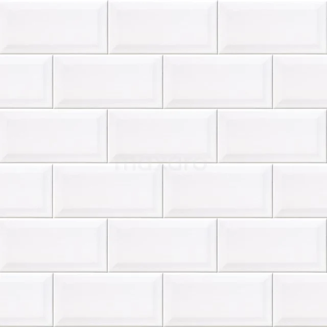 Wandfliese Metro 10x20cm Uni Weiß Glänzend 501-040101 Weiße keramische U-Bahn Badezimmerfliese mit glänzender Oberfläche, rechteckiges Design und leicht erhöhtem Muster.