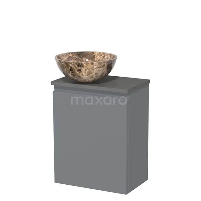 Grijze badkamermeubelset met natuurstenen waskom, modern design, ideaal voor een stijlvolle en functionele badkamerinrichting.