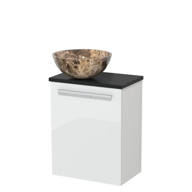 Toiletmeubel met waskom | 41 cm Hoogglans wit Vlak front Dark emperador Natuursteen waskom Mat zwart blad TMK10-11155