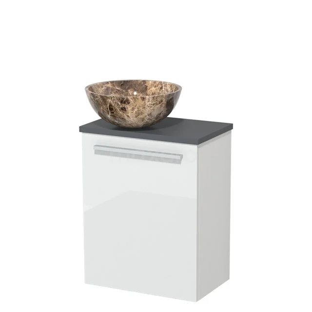 Weißes Badezimmermöbel mit grauer Platte, keramischem Marmor Aufsatzwaschbecken und modernem Griff, ideal für stilvolle Bäder.