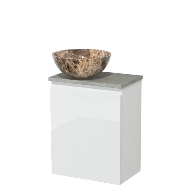 Wit badkamermeubel met marmeren waskom, modern design en grijze blad. Perfect voor een stijlvolle badkamer inrichting.