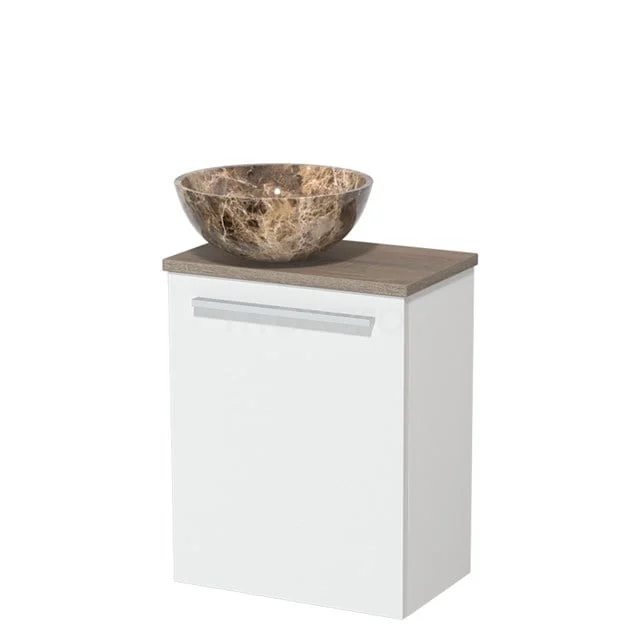 Toiletmeubel met waskom | 41 cm Mat wit Vlak front Dark emperador Natuursteen waskom Eiken blad TMK10-11255