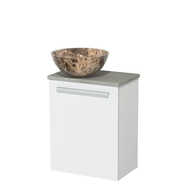 Toiletmeubel met waskom | 41 cm Mat wit Vlak front Dark emperador Natuursteen waskom Grijs eiken blad TMK10-11275