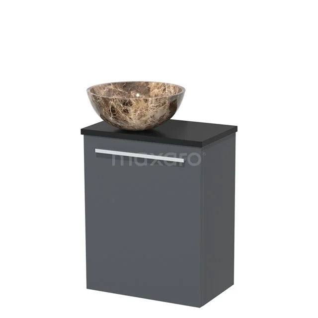 Grijs badkamermeubel met zwarte bovenkant en marmeren waskom, modern design, ideaal voor een stijlvolle badkamerinrichting.