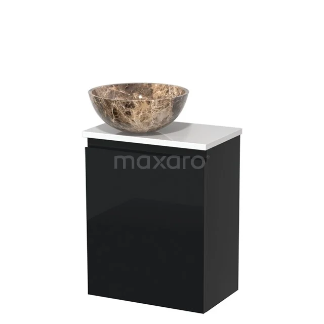 Black bathroom cabinet with marble countertop wash basin, compact design, ideal for a modern bathroom style.