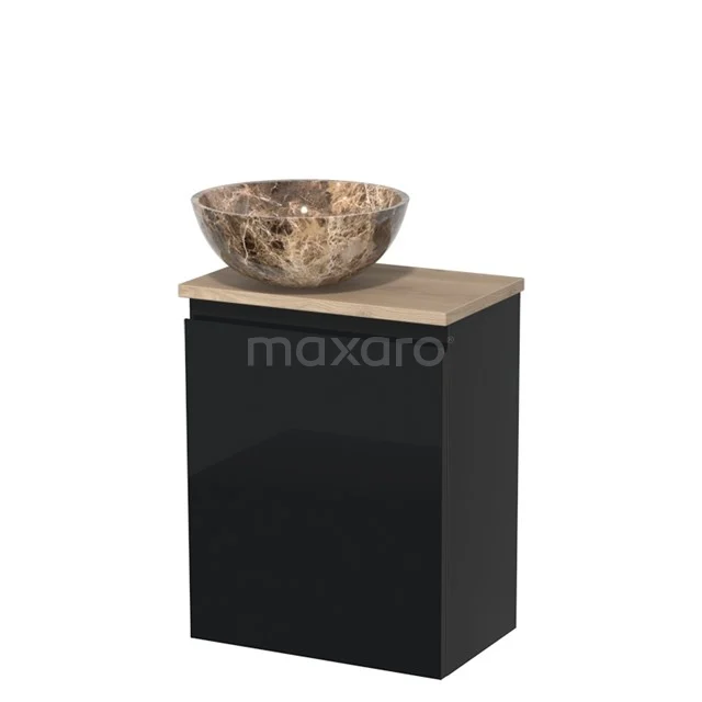 Toiletmeubel met waskom | 41 cm Hoogglans zwart Greeploos front Dark emperador Natuursteen waskom Lichtbruin eiken blad TMK10-11374