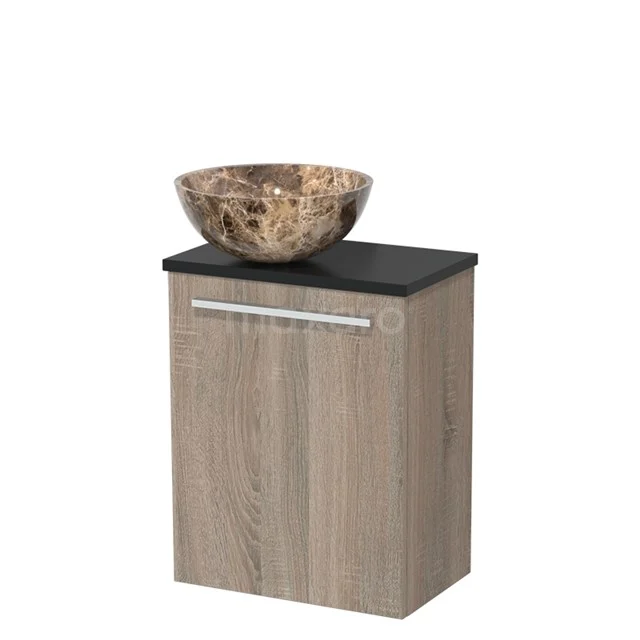 Holz-Badmöbel mit Schrank, schwarzer Platte und Natursteine Aufsatzwaschbecken, ideal für eine moderne Badezimmer Einrichtung.