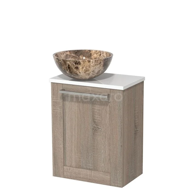 Houten badkamerkast met een wit blad en unieke marmeren waskom, ideaal voor stijlvol badkamergemak.