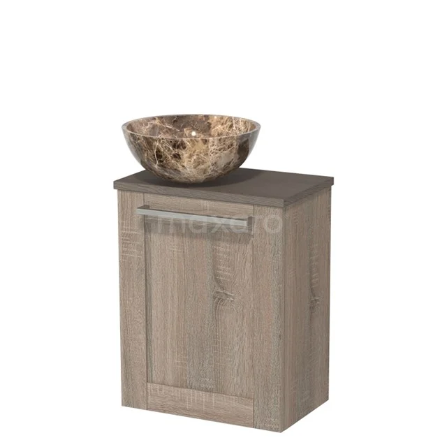WC-Möbel mit Aufsatzwaschbecken | 41 cm Eiche Rahmen Front Dunkelbraune Eiche Naturstein Aufsatzwaschbecken Dunkelbraune Eiche Platte TMK10-11418 Holz-Badschrank mit Marmor-Optik Aufsatzwaschbecken, kompaktes Design und natürliche Oberfläche für ein stilvolles Badezimmer.
