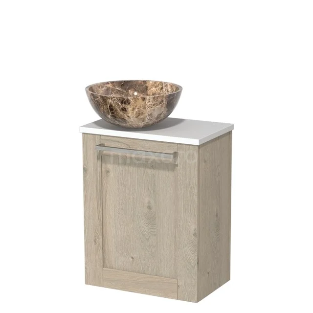 Houten badkamermeubel met lade in licht eiken, wit blad en luxe natuurstenen waskom in aardetinten, perfect voor moderne badkamers.