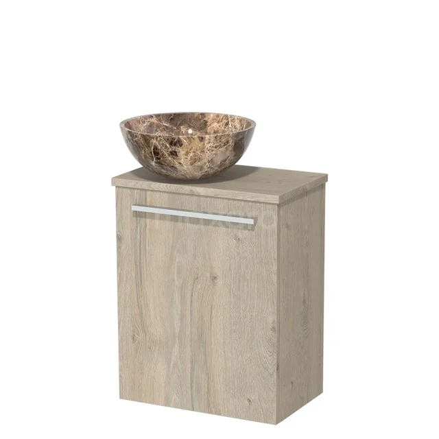 Holz Badschrank mit Marmor Aufsatzwaschbecken, beige Eiche Optik, kompakte Aufbewahrungslösung für ein modernes Badezimmer.