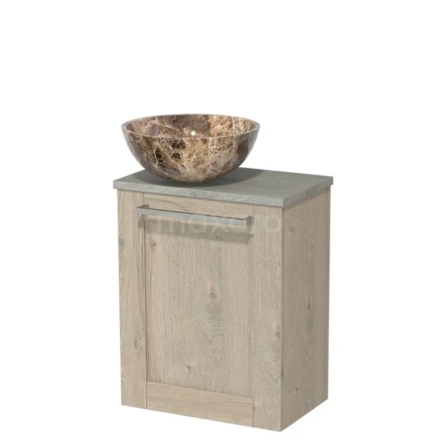 Badkamermeubel hout met natuurstenen waskom, compact design, ideaal voor kleine badkamers. Warm eiken look, modern en stijlvol.