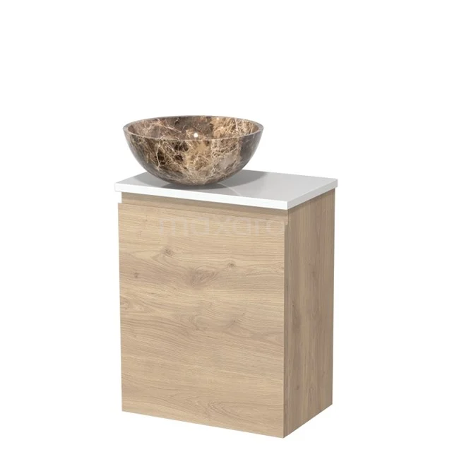 Houten badkamerkast met marmeren waskom, modern design, natuurlijke uitstraling, ideaal voor een stijlvolle badkamerinrichting.