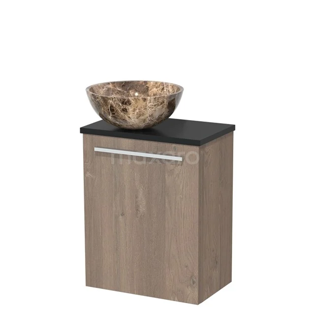 Wooden bathroom cabinet with black worktop and natural stone countertop wash basin, ideal for a stylish and compact bathroom space.