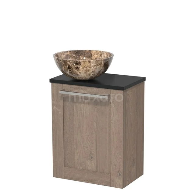 Wooden bathroom cabinet with black top and natural stone countertop wash basin, compact design ideal for stylish bathroom storage.