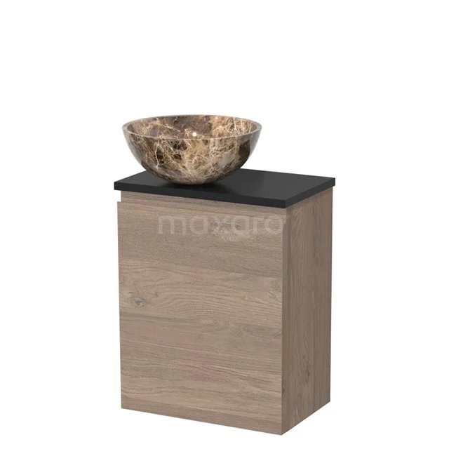 Wooden vanity unit with black top and natural stone countertop wash basin, perfect for a modern bathroom style.